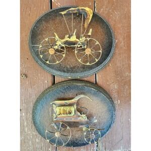 Vintage Set‎ Of 2, 3 Dimensional Metal Brass Copper Wall Art On Oval Wood Base
